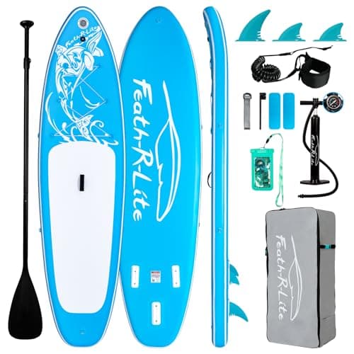 FEATH-R-LITE Inflatable Paddle Board Stand Up Paddleboards for Adults SUP with Complete Premium Accessories Pump, Adjustable Paddle, Leash, Three Fins, Waterproof Phone Bag, Repair Kit, Backpack - Image 1