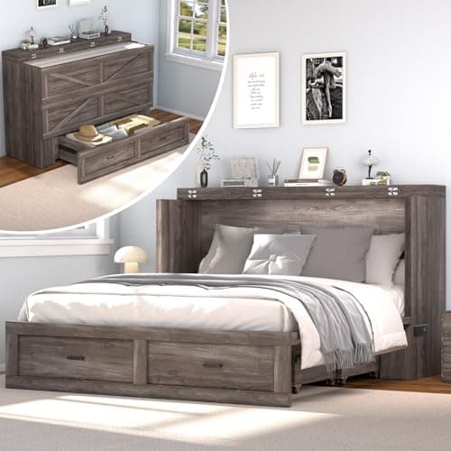 janiry Queen Size Murphy Bed with Charging Station，Murphy Bed Cabinets with Foldable Panel for Small Spaces or Bedroom,Office,Grey - Image 1