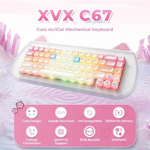 XVX C67 Wireless Mechanical Keyboard Cute Design, 60% Gaming Creamy Keyboard Custom QMK/VIA, BT5.0/2.4G/USB-C Mode, Hot Swappable Linear Switch RGB Backlits, Gasket Mount for Win/Mac(AcriCat, Pink) - Thumbnail 2