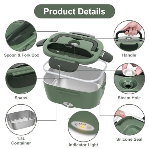 Vabaso Electric Lunch Box for Adults, 80W Heated Lunch Box Portable Food Warmer Lunch Box for Work/Men/Car/Truck with 1.5L 304 Stainless Steel Container Fork & Spoon, 110V/12V/24V - Thumbnail 5