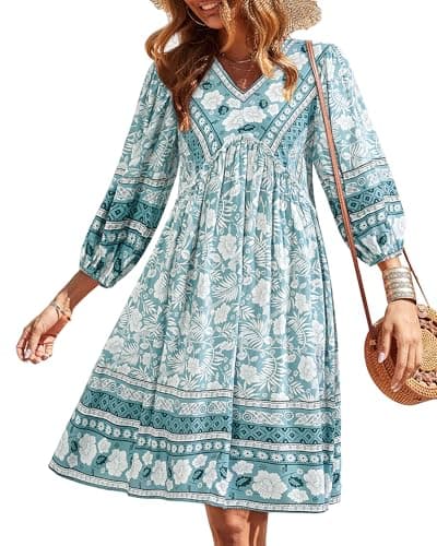 BTFBM Womens Summer Dresses 2026 Casual V Neck 3/4 Long Sleeve Ruffle Floral Flowy Boho Babydoll Mini Spring Beach Dress(Floral Blue White, Medium) - Image 1