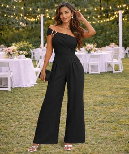 knowfashionstyle Jumpsuit For Women Dressy Off Shoulder Casual Wide Leg Pants Formal Jumpsuits Party Sexy One Piece Outfits Black M - Thumbnail 2
