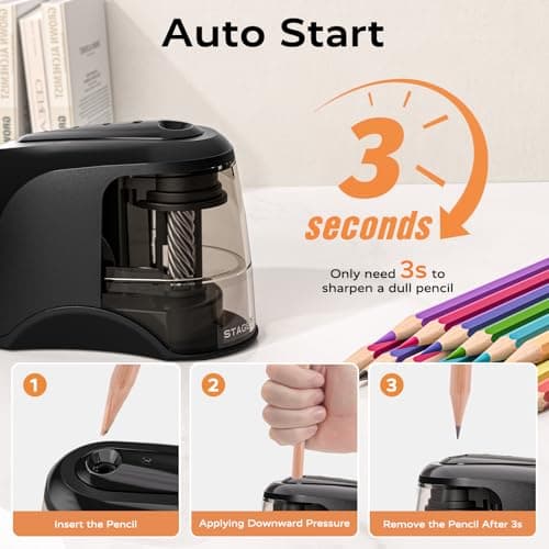 STAGEEK Electric Pencil Sharpener, Plug in or USB/Battery Operated. Fits No.2 and Colored Pencils (6-8mm). Great for School, Classroom, Office and Home(Black) - Thumbnail 4