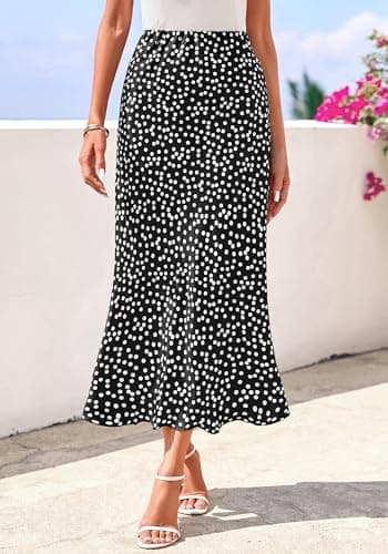 BTFBM Satin Skirts for Women 2025 Fall High Waisted A-Line Leopard Print Cocktail Wedding Long Silk Summer Midi Skirt(Polka Dot Black White, Large) - Thumbnail 2