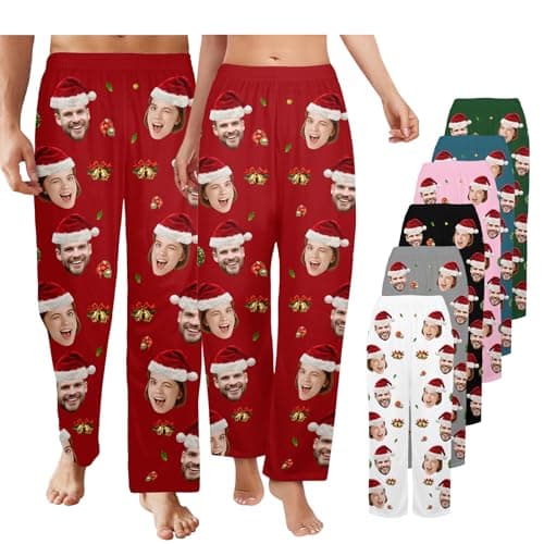 giftoria Custom Pajama Pants Men Women Personalized Couples Pajamas, Funny PJ Pant Design with Face, Personalized Gifts for Family Christmas Pajamas Matching Bottoms Sleepwear Red - Image 1
