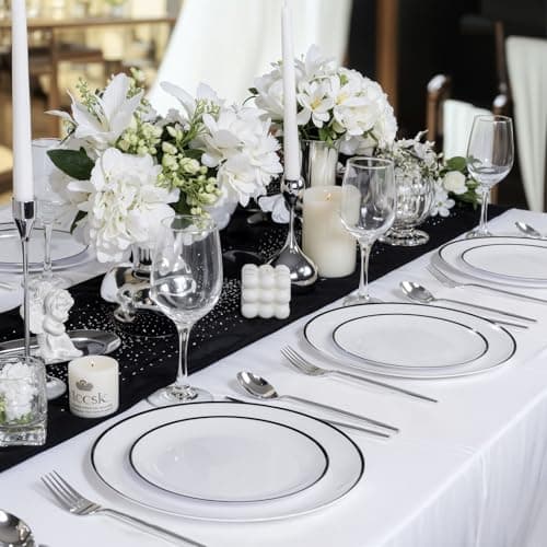 LIYH 60 Pcs White Plastic Disposable Plates for Party With Black Rim - White and Black Plates Includes 30 Dinner 10.25" & 30 Appetizer/Dessert Plate 7.5" for Wedding Party Birthday - Thumbnail 5