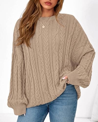 KIRUNDO Oversized Chunky Cable Knit Sweater Women 2026 Fall Fashion Cozy Long Sleeve Crewneck Pullover Winter Clothing(Khaki, XX-Large) - Thumbnail 3