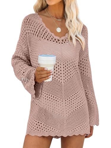 ANRABESS Swimsuit Cover Up for Women Crochet Bathing Suit Summer Swimwear V Neck Mesh Knit Dress 2026 Beach Vacation Clothes Small Pink - Image 1