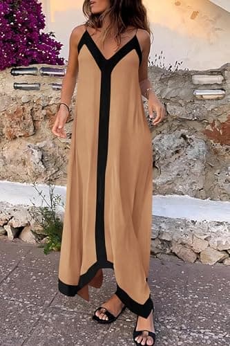 PRETTYGARDEN Womens Maxi Dress 2026 Summer Sundress V Neck Spaghetti Strap Flowy Elegant Party Dresses Beach Vacation Clothes (Khaki,Medium) - Thumbnail 5