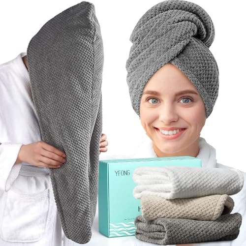 YFONG 3 Pack Large Microfiber Hair Towel Wrap, 30" x 10" Anti Frizz Quick Dry Hair Towels for Women Long, Curly, Thick Hair, Super Absorbent Hair Turban for Wet Hair (Grey, White, Camel) - Image 1