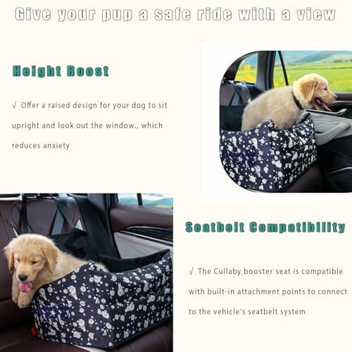Cullaby Dog Car Seat for Small/Medium Dogs – Elevated Booster Seat with Detachable, Washable Cover, Safety Belts, and Storage Pockets Car Back Seat (Black Daisy, 15.75 * 17.72 * 9.84") - Thumbnail 3