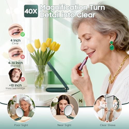 B Beauty Planet 40X Magnifying Mirror, Hand Mirror with Handle, Double Sided Hand Mirror with 40X/1X Magnification, Travel Essential Portable Foldable Makeup Mirror for Precision Makeup Green - Thumbnail 6
