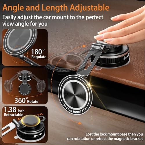 Upgraded Vacuum Magnetic Phone Holder for Car, Nano Gel Suction Cup Phone Mount for MagSafe, 108LBS Strong Suction & 3000GF Magnet, Adjustable Zinc Alloy Arm Car Mount for iPhone 17/16/15Pro Max - Thumbnail 5