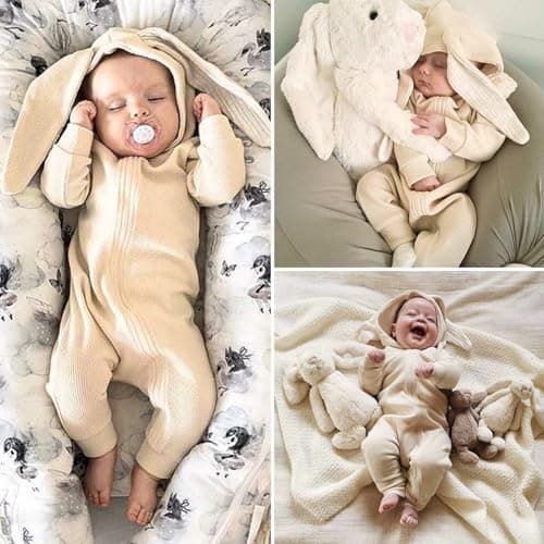 Simplee kids Animal Bunny Baby Easter Clothes Long Ear Rabbit Hoodie Romper with Zipper Light Yellow 3-6 Months - Thumbnail 2