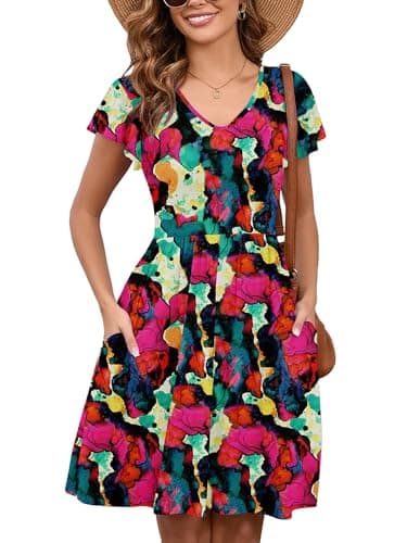 Heymoments Women Summer Dress Ruffle Sleeve Multicolored XX-Large V Neck Casual Cute Loose Sundress Comfy Swing Midi Work Flowy Tunic Ladies Beach Vacation Teacher Dresses with Pockets - Image 1