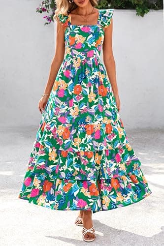 dowerme Summer Dresses for Women 2026 Casual Ruffle Smocked Tiered A-Line Boho Floral Maxi Beach Sun Dress with Pockets(Green Orange Flower,Large) - Thumbnail 3
