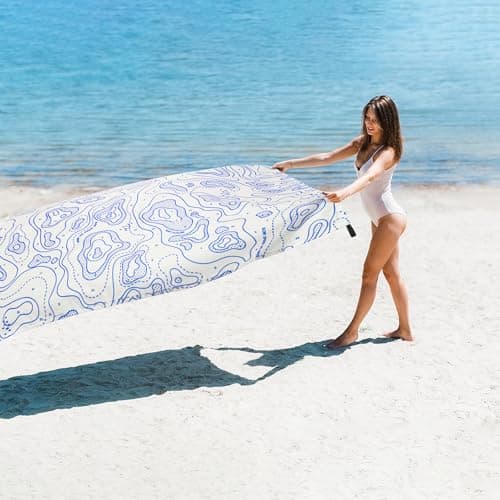 SkyNature Beach Blanket Sandproof, 78''×86'' Large Waterproof Sand Free Beach Mat for 4 Adults, Big Compact Foldable White Beach Essential with 4 Stakes & 4 Corner Pockets for Picnic, Camping, Travel - Thumbnail 5