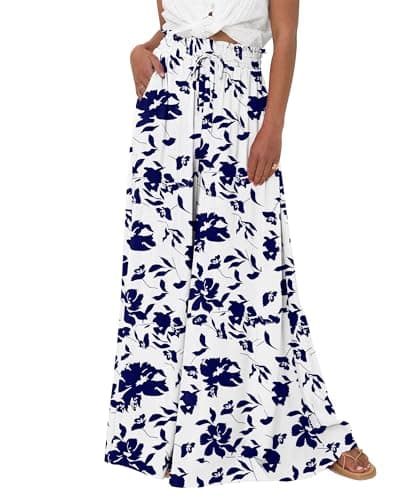 BTFBM Women Casual High Waist Wide Leg Pants 2026 Spring Summer Long Palazzo Pants Pocket Lounge Beach Vacation Clothes(Print White Blue, Small) - Image 1