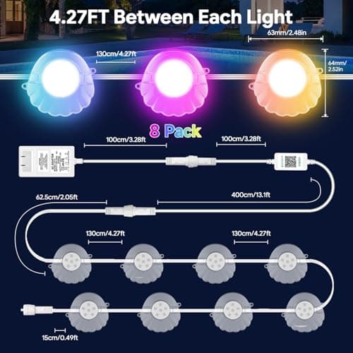 AHAWILL 50FT RGB Pool Lights for Inground & Above Ground Pools, Plug-in 8 Shell Pool LED String Lights,IP68 Waterproof, Remote/APP Control,16 Million Colors,44 Dynamic Modes for Swimming Pool Decor - Thumbnail 3