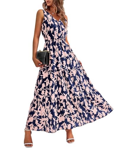 BTFBM Women Summer Dresses Casual Sleeveless Maxi Dresses Cute Floral Long Dress Wedding Guest Dress(Navy Pink Flower,Small) - Image 1