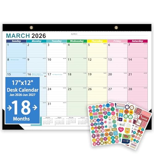 2026-2027 Desk Calendar - 18 Month Desk Calendar 2026-2027, Jan 2026 - Jun 2027, 17" x 12", Large Desk Calendar with Thick Paper, Large Blocks, Stickers, Home or Office Calendar for Easy Organizing