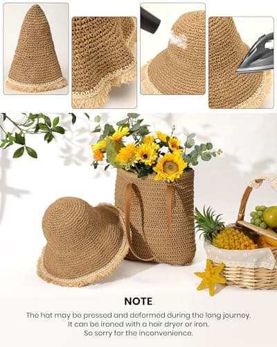 Beach Bags for Women & Sun Hat Set, Handmade Crochet Tote Bag for Summer Vacation, Beach Hat UPF50+ Protection, Perfect for Summer Travel & Beach Days Green - Thumbnail 5