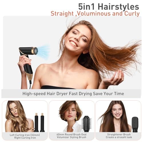 TAHSHINE Blow Dryer Brush Set,5 in 1 Hair Styler,Hair Dryer Brush Electric,Auto Wrap Curler Hair Styler,Detachable Brush Heads Comb for Straightening Automatic Curling Styling,Foldable Hair Dryer - Thumbnail 2