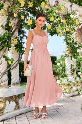 2025 Women's Summer Sleeveless Off Shoulder Floral Flowy A Line Maxi Dresses Light Pink M - Thumbnail 2