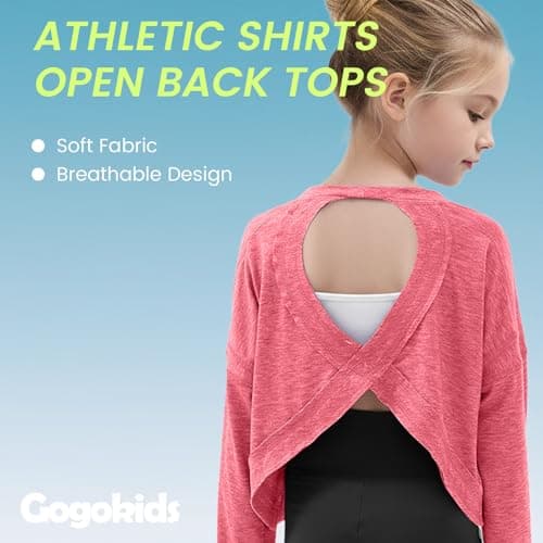 Gogokids Girls Shirts Long Sleeve Athletic Shirts Open Back Tops Active Sports Tshirts Yoga Workout Crop Tees, Rose, 5-6 Years - Thumbnail 3