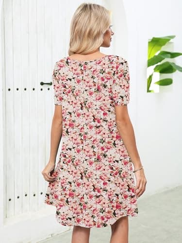 Heymoments Women's Short Sleeve Dress Floral Print Large Crewneck Casual Loose Flowy Above Knee Length Sundress Business A Line Shirt Teachers Summer Novelty Dresses with Pockets - Thumbnail 4