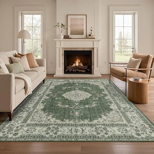 Brevonox 6x9 Area Rugs Washable: Oriental Soft Area Rug for Living Room Bedroom No Shedding - Low Pile Thin Carpet Rug for Dining Room Non Slip - Boho Vintage Rug for Home Decor - Olive Green - Image 1