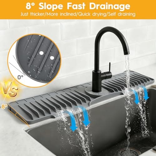24" Silicone Faucet Mat for Kitchen Sink Released in 2025/12TH,8° Slope Fast Self-draining, Bathroom Kitchen Sink Area Water Splash Guard Behind Faucet Draining Dark Grey - Thumbnail 3