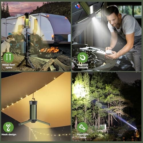 Mlogiroa Rechargeable Camping Light with Stand: Cordless Work Light Kit 3 Page Head 500/1000/2000 Lumen 3500/6500K - Dimmable 6AH Camp Lights with Detachable Tripod,Hooks and Carrying Bag(Green-S) - Thumbnail 2