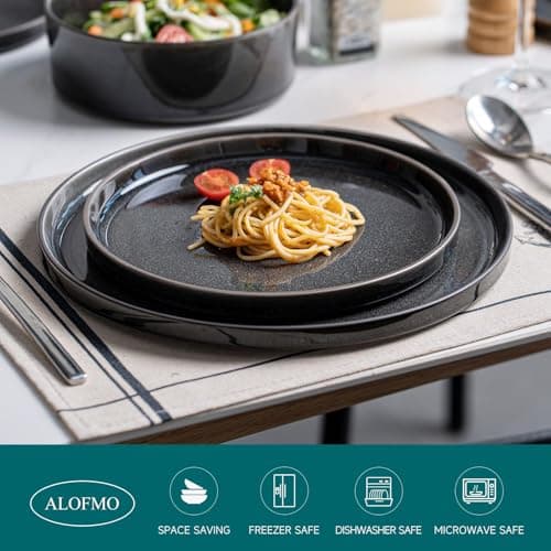 ALOFMO Stoneware Dinnerware Sets, Plates and Bowls Set for 4, 12-Piece Modern Stoneware Dinnerware – Chip Resistant, Non-Toxic, Dishwasher and Microwave Safe Tableware，Glossy Black - Thumbnail 3
