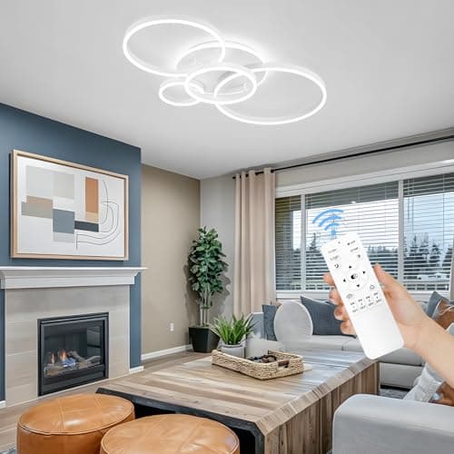 Modern LED Ceiling Light White Flush Mount Ceiling Light Dimmable Dining Room Light Fixtures with Remote 5 Rings Acrylic Kitchen Lighting Fixtures Ceiling Lamp for Living Room Bedroom (White, 5 Rings) - Thumbnail 2