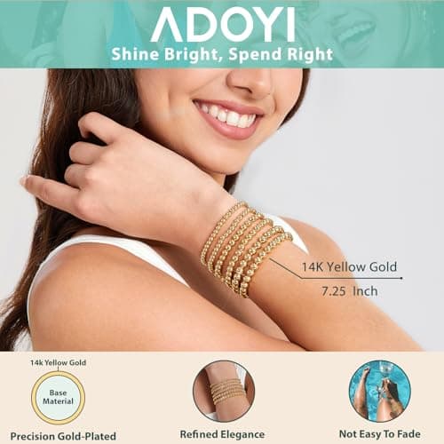 adoyi Gold Bracelets for Women 14K Gold Plated Beaded Stackable Strand Bead Ball Bracelet stack Set Trendy Adjustable Jewelry Sets for Gifts - Thumbnail 4