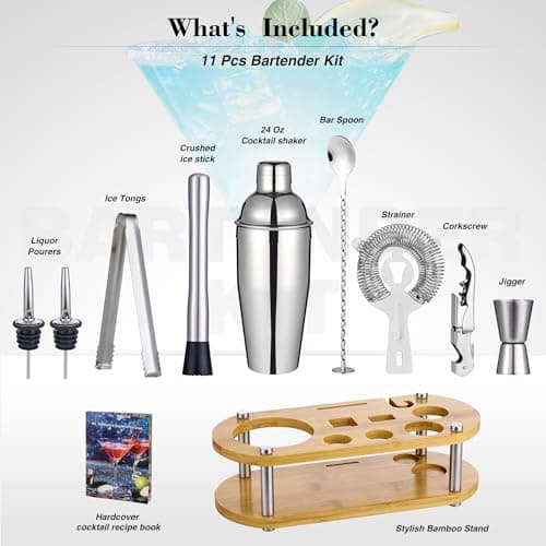 Cocktail Shaker Set Bartender Kit - 11 Pcs Bar Tool Set with Bamboo Stand & All Bar Accessories: Martini Shaker, Strainer,Jigger, Muddler, Mixer Spoon Barware Kit, for Bar, Home Lounge & Party - Thumbnail 2
