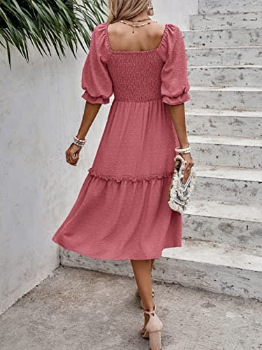 PRETTYGARDEN Women's Summer Casual Midi Dresses 2025 Spring Puff Sleeve Square Neck A-line Flowy Boho Smocked Beah Vacation Dress (Pink,L) - Thumbnail 2