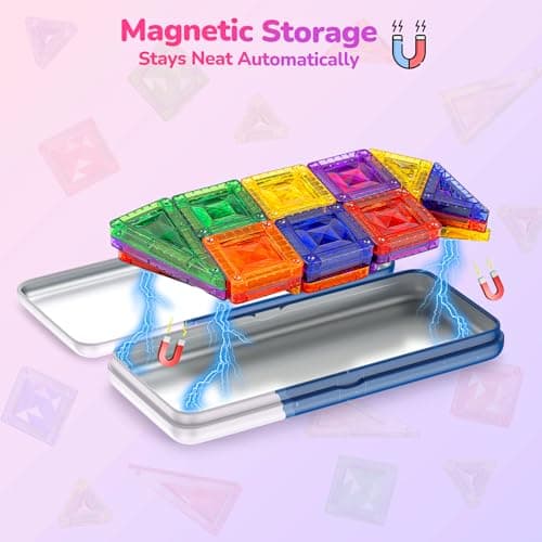 OFFISYS Mini Magnetic Tiles for Kids, Sparkling Diamond Travel Magnet Tiles with Metal Case, STEM Educational Magnet Blocks, Portable Construction Magnet Toys for Boys and Girls, 26PCS - Thumbnail 5