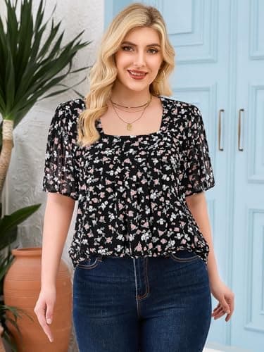 Amrto Plus Size Tops for Curvy Women, Womens Plus Size Tops Chiffon Square Neck Short Sleeve Flowy Casual Shirt Curvy Loose Fit Tunic Blouses Dressy Fashion 2025 Summer Blouses, Floral Black, XXXL - Thumbnail 2