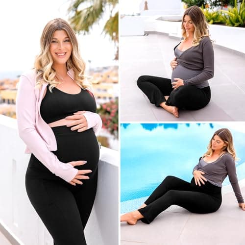 Leafigure Maternity Flare Leggings with Pockets Over The Belly Yoga Pants for Workout Soft Pregnancy Activewear Black L - Thumbnail 6