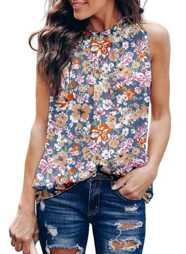 Dokotoo Womens Fashion Summer Casual Sleeveless Shirts Basic Tee Vest Halter Neck Elegant Floral Print Loose Fit Tunic Tank Top Blouses Sky Blue Medium - Image 1