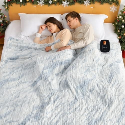 WOOMER Heated Blanket Twin Size 62" x 84", Electric Blanket with 0.5-12 Hours Timer & 10 Heating Levels, ETL Certified, Marble Blue Double-Sided Faux Fur, Over-Heat Protect, Machine Washable - Thumbnail 2