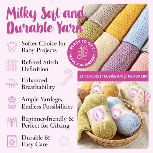 Cotton Bliss Soft Cotton Blend Yarn for Crocheting, 4-Pack (640Yds / 400G), Free Patterns, Beginners Friendly - #4 Medium Worsted Weight Yarn for Baby Blanket - Soft Buttercream - Thumbnail 2