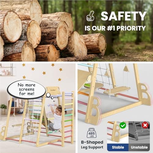 Upgraded Indoor Playground 9-in-1 Jungle Gym Kids Climbing Toys, Montessori Philosophy Waldorf Style Wooden Climber Playset with Slide, Swing, Monkey Bars, Upright/Rope Ladder, Climb Net, Rainbow - Thumbnail 6