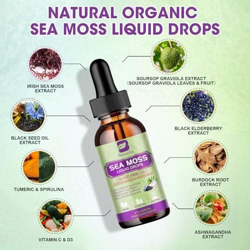Sea Moss Liquid Drop - Black Seed Oil & Irish Sea Moss Gel with Ashwagandha, Soursop Bitters, Burdock Root, Bladderwrack, Elderberry, 6X Stronger Seamoss Supplment for Immune, Gut Health, Hair Support - Thumbnail 2