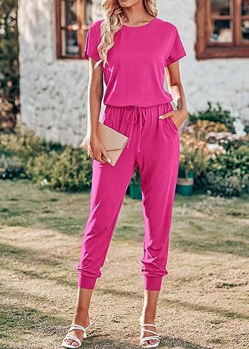 KIRUNDO Jumpsuits for Women Summer 2026 Casual Short Sleeve One Piece Outfits Drawstring Waist Long Pants Romper Jumpers(Rose Red, Large) - Thumbnail 2