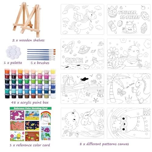 RYRIWOU Pre Drawn Canvas Set 8 Packs Pre-Printed Canvas Acrylic Oil Painting Kit 5x7 inch Canvas with 48 Paints 6 Brushes 2 Easels for Party Favor - Thumbnail 3