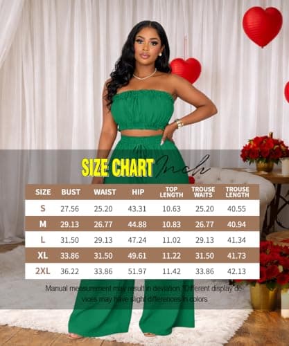 ABKY Two Piece Sets for Women Going Out Summer Off Shoulder Tube Top Palazzo Pants Set Vacation Birthday Party Date Night Outfits Green M - Thumbnail 6