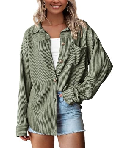 PRETTYGARDEN Women's Button Down Shirts 2026 Spring Long Sleeve Textured Tops Oversized Shacket Jacket Knit Blouses(Sage Green,Large) - Image 1